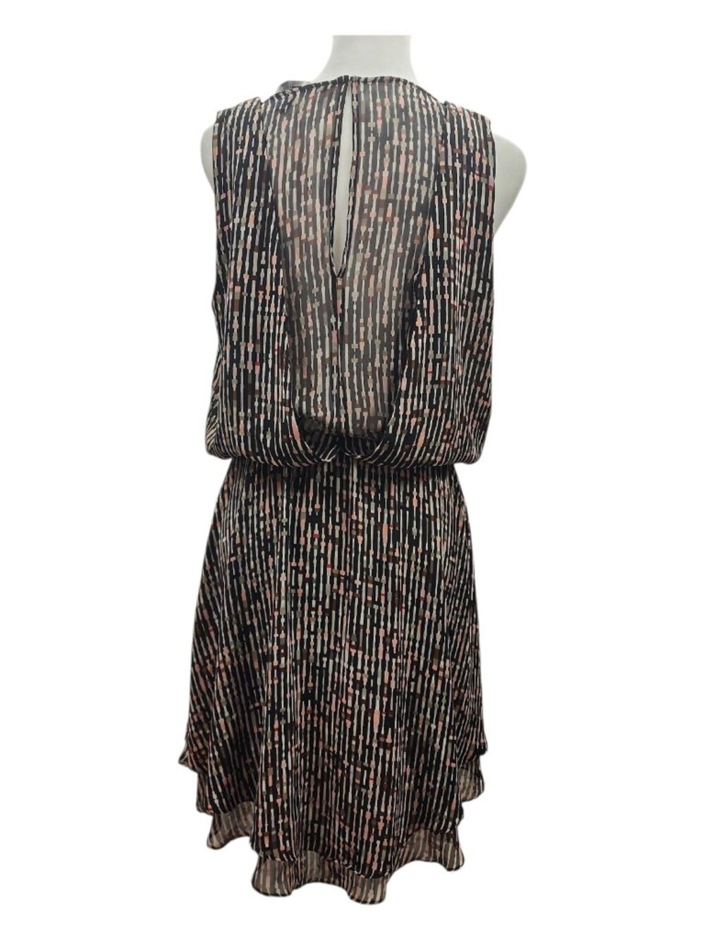 Boho Chic Geometric Print Blouson Dress Studded V-Neck Retro Mod Sz 6 - Picture 3 of 12